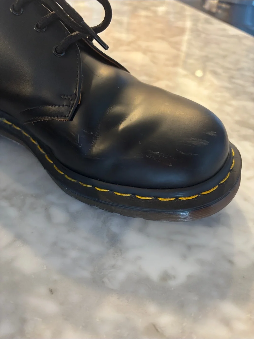 Dr. Martens Black Leather 3-Eye Derby Shoes with Yellow Stitching